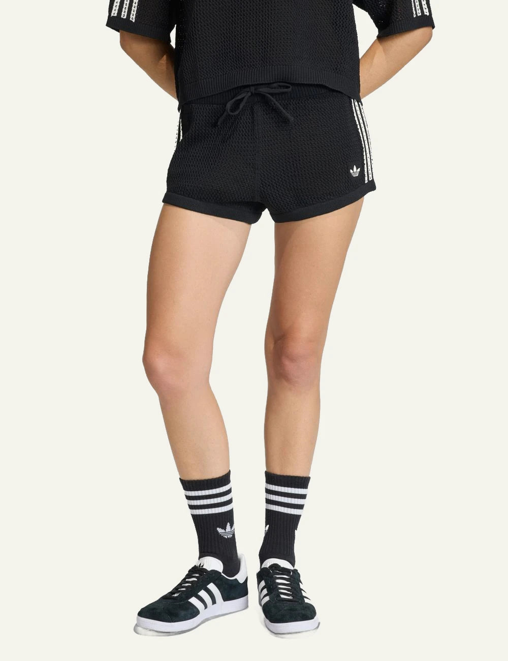 Adidas knitted shorts black women waist front model view