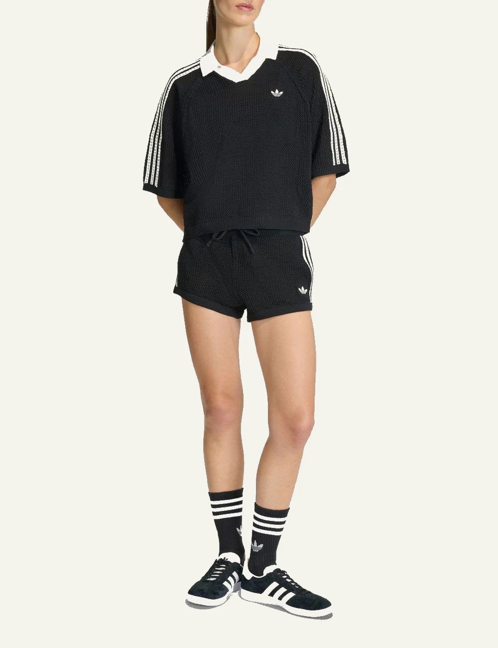 Adidas knitted shorts black women waist front full body view