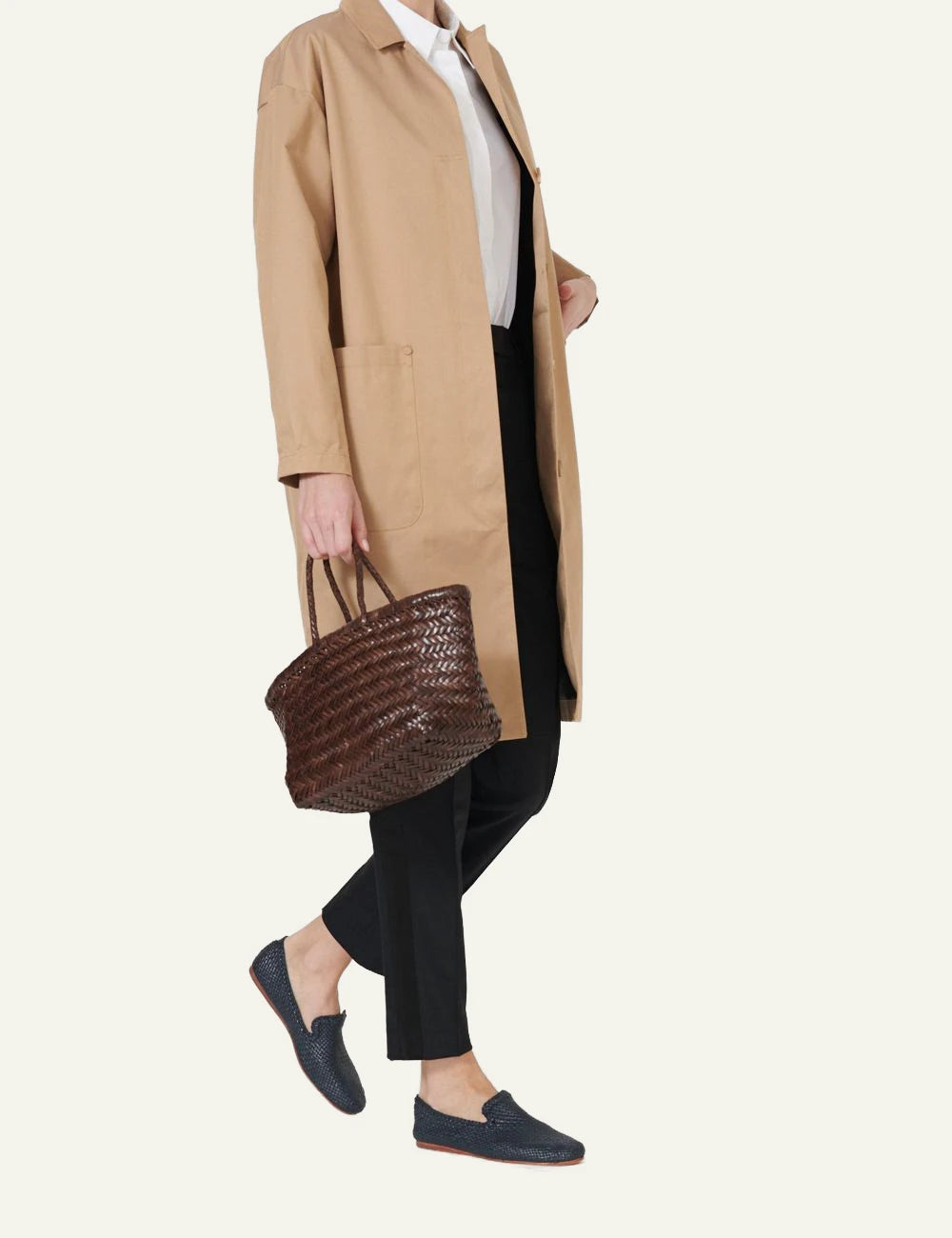 Dragon Diffusion woven leather basket bag in dark brown with chevron weave on model