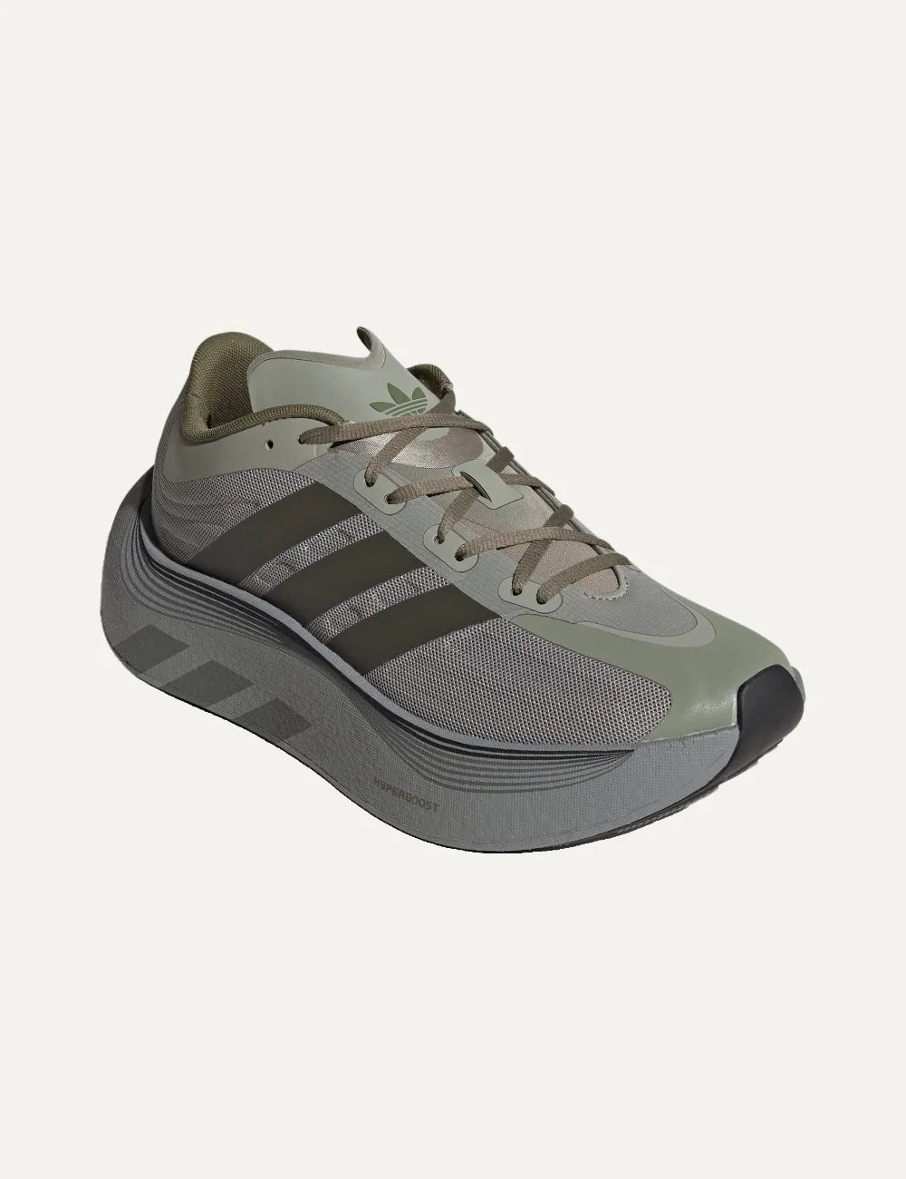 adidas Originals women Hyperboost EPHR LT grey sneakers with olive details and chunky sole angled