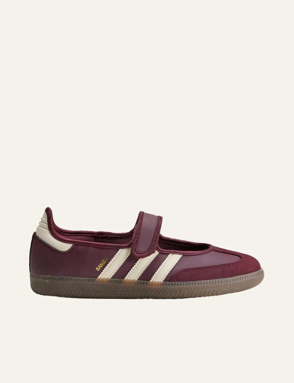 Adidas Samba Jane maroon leather Mary Jane sneaker cream stripes side view