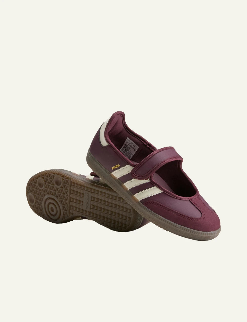 Adidas Samba Jane maroon leather Mary Jane sneaker cream stripes angled view