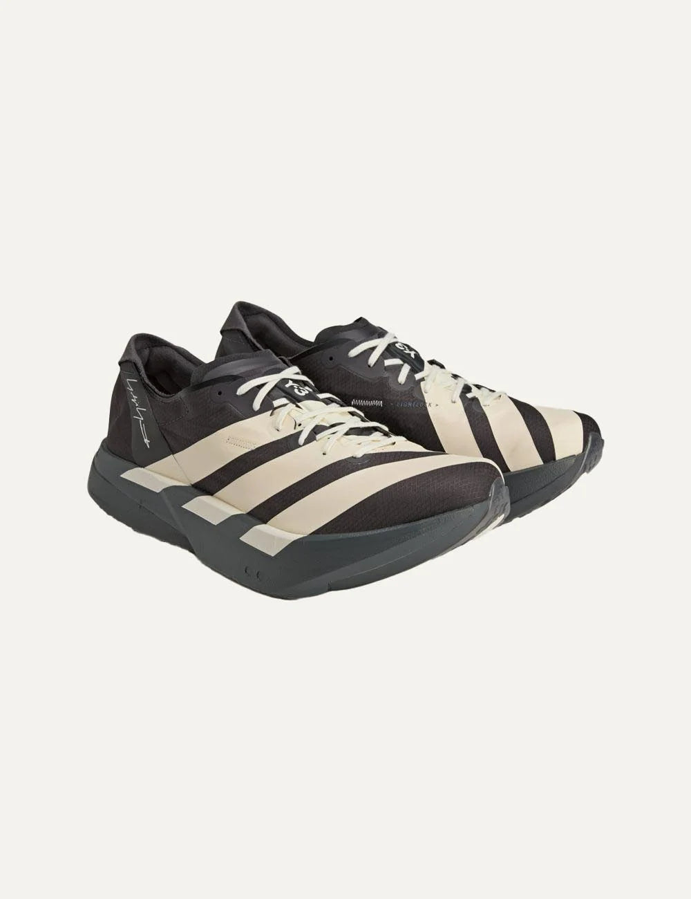 Y-3 Adios Pro 4 sneaker black me off white stripes angled view