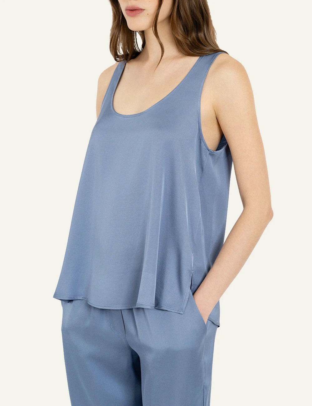 Philosophy women's light blue satin ECOVERO tank top front view