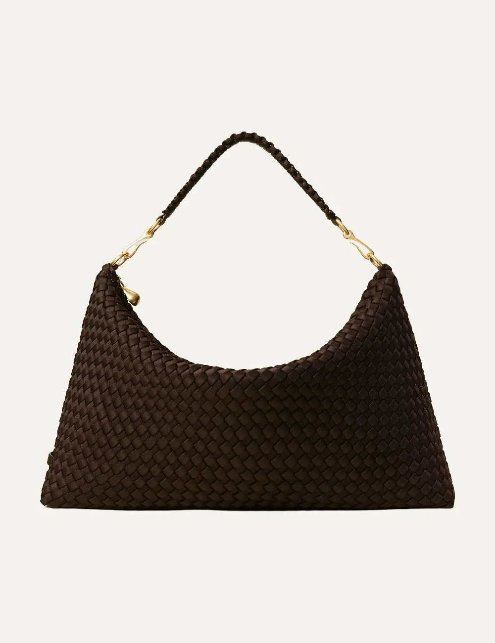 Women's Naghedi Porto Medium Half-Moon Bag in dark chocolate brown handwoven neoprene with shoulder strap front view