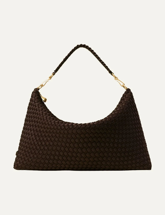 Women's Naghedi Porto Medium Half-Moon Bag in dark chocolate brown handwoven neoprene with shoulder strap front view
