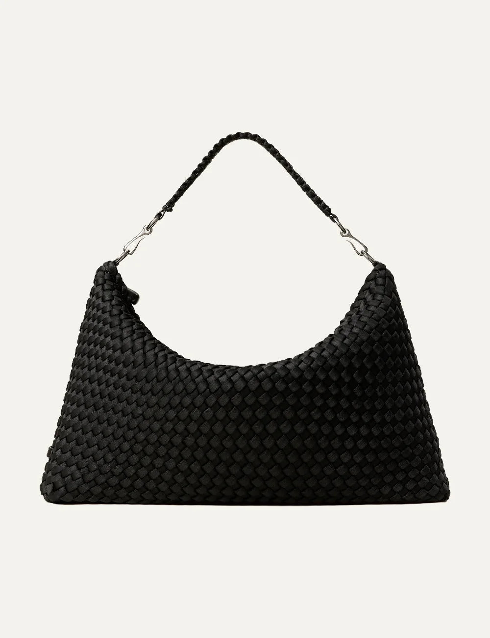 Women's Naghedi Porto Medium Half-Moon Bag in true black handwoven neoprene with shoulder strap front view