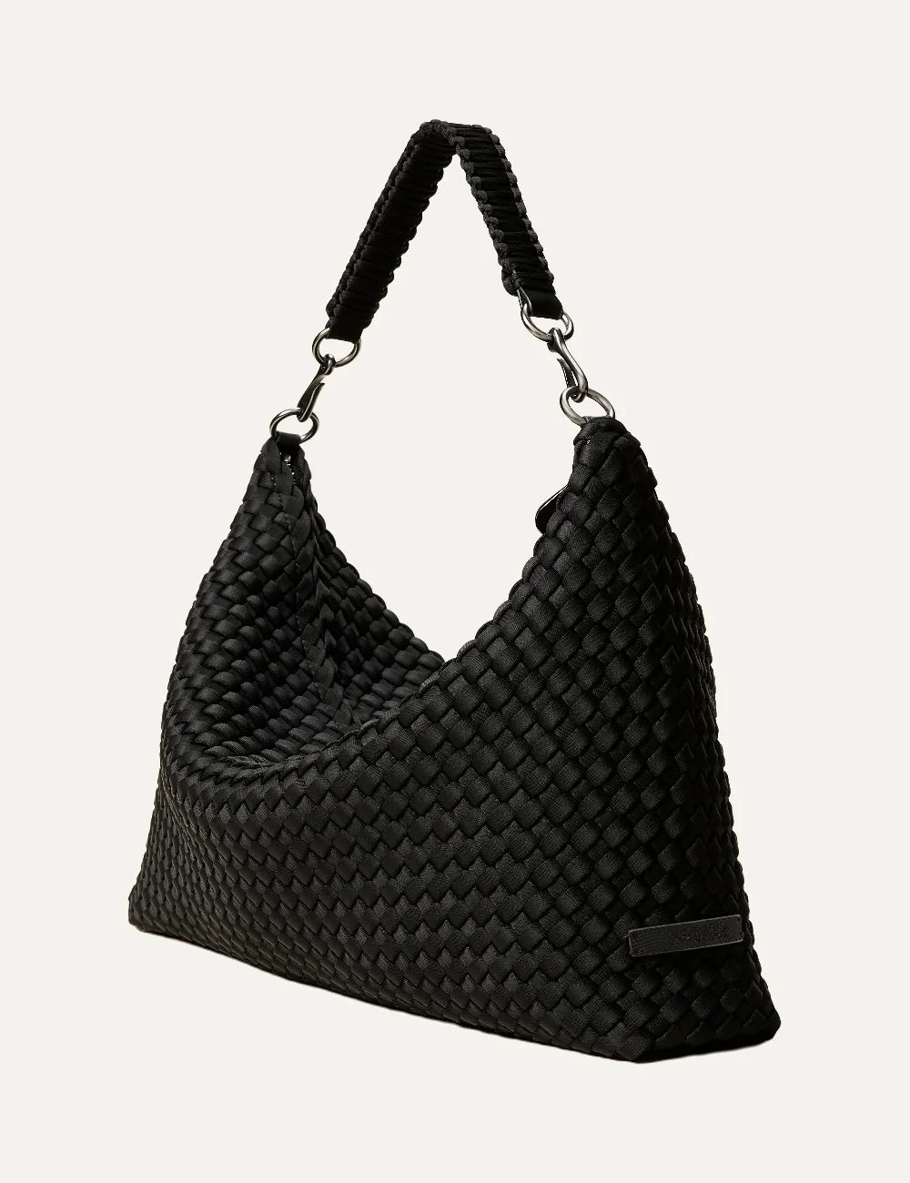 Women's Naghedi Porto Medium Half-Moon Bag in true black handwoven neoprene with shoulder strap side view