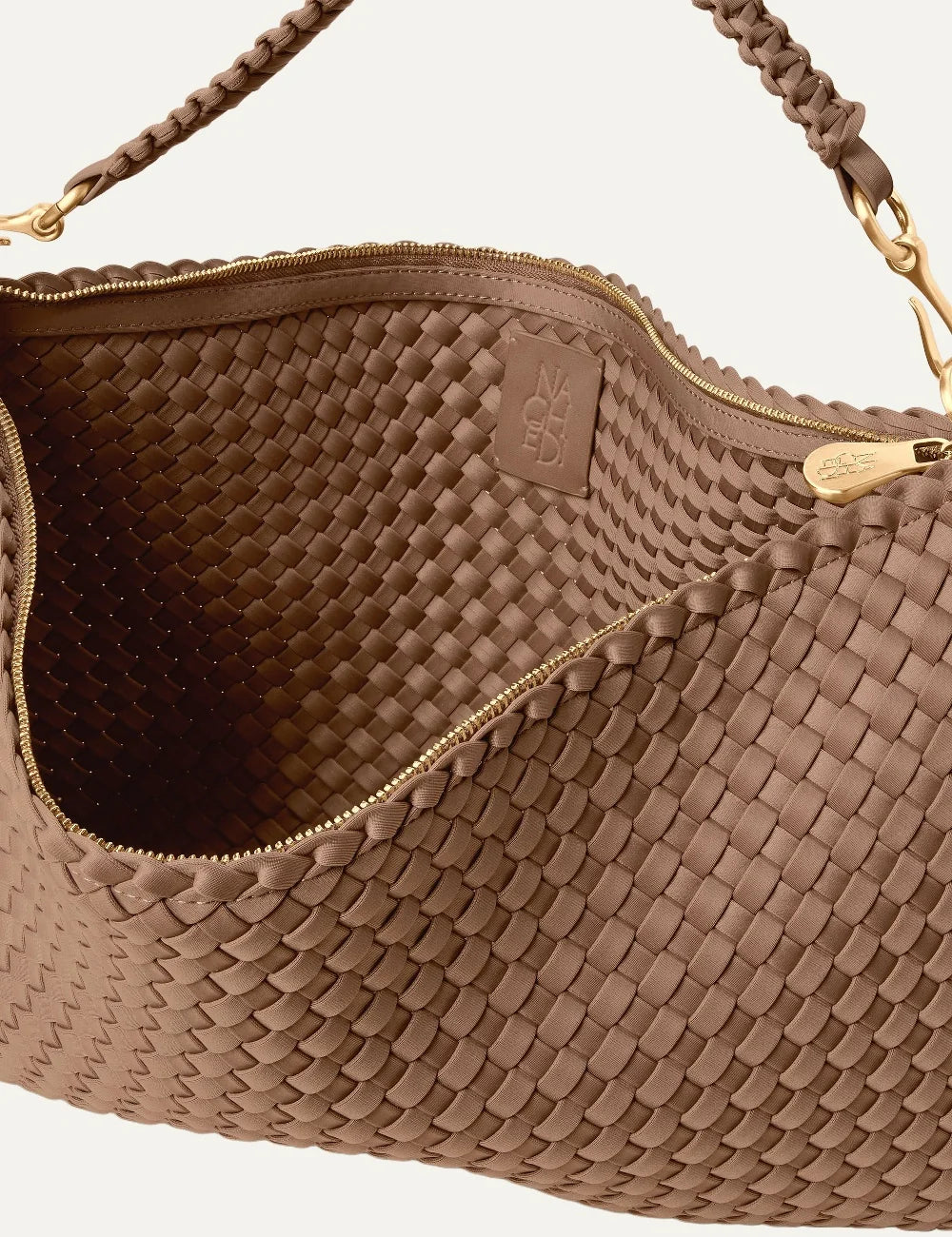 Women's Naghedi Porto Medium Half-Moon Bag in light mocha handwoven neoprene with shoulder strap details view