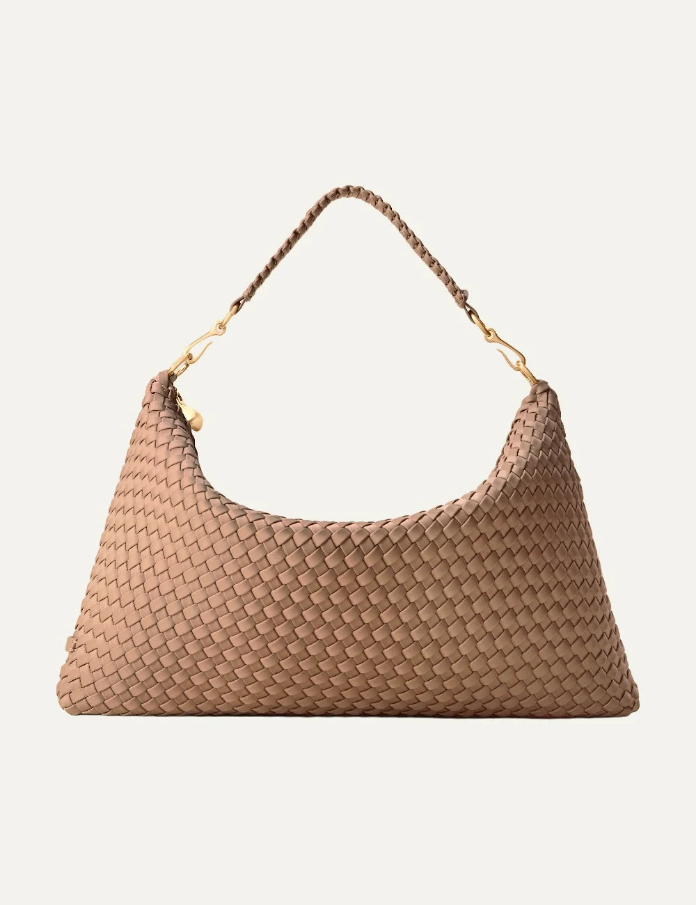 Women's Naghedi Porto Medium Half-Moon Bag in light mocha handwoven neoprene with shoulder strap front view