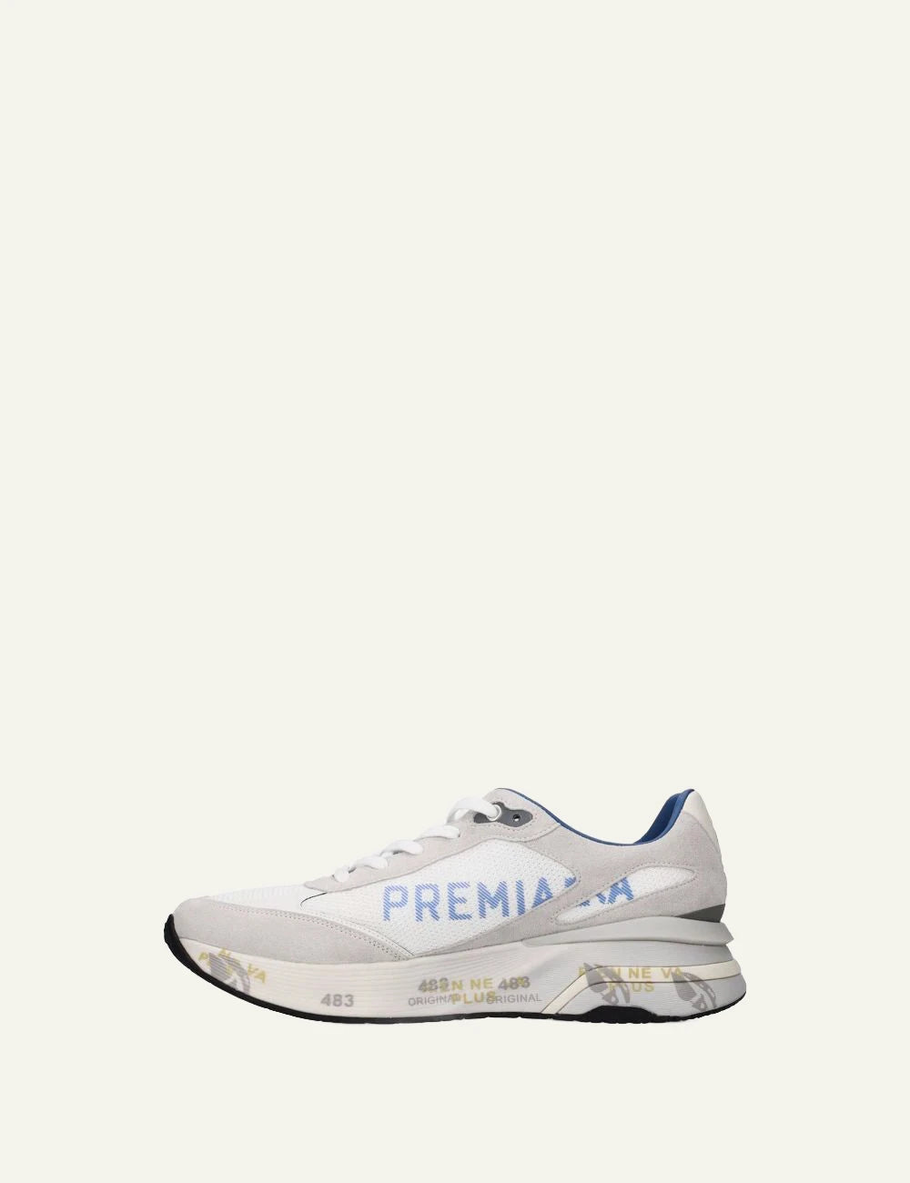 Premiata 483 sneakers white blue side view clean sole profile