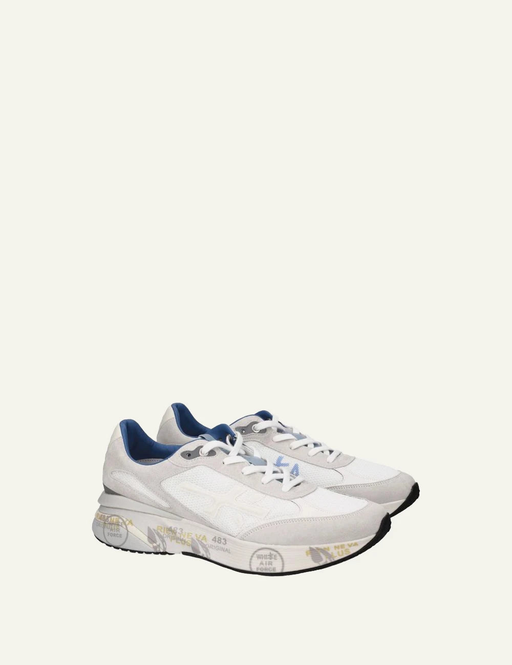 Premiata 483 sneakers white blue side view clean sole angled
