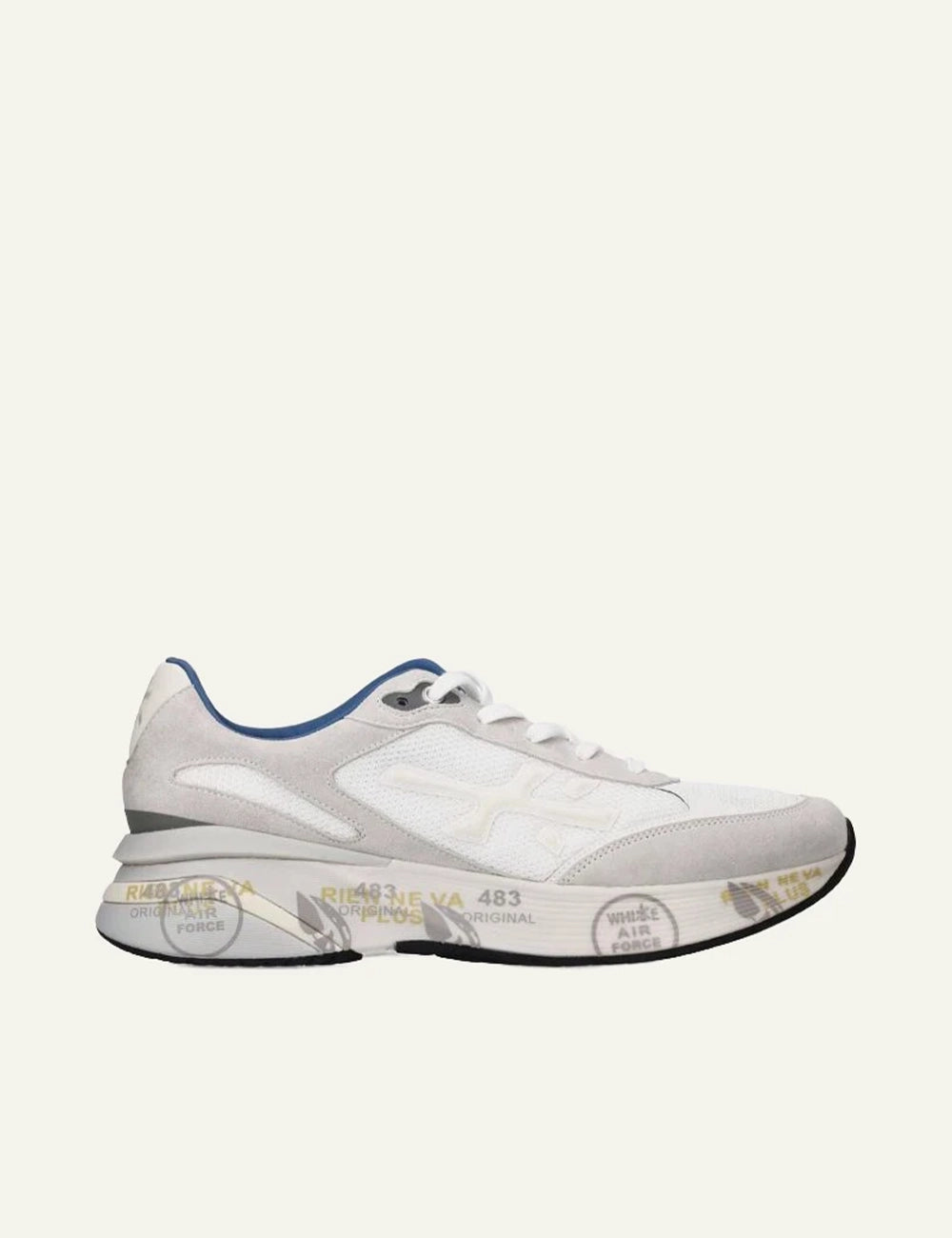 Premiata 483 sneakers white blue side view clean sole side