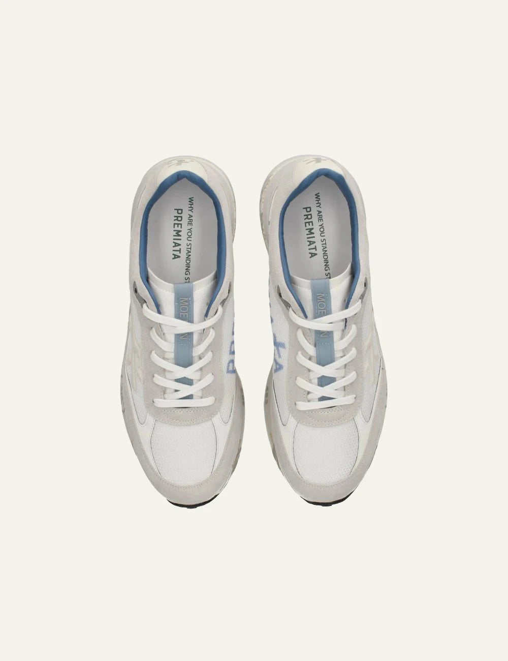 Premiata 483 sneakers white blue side view clean sole top