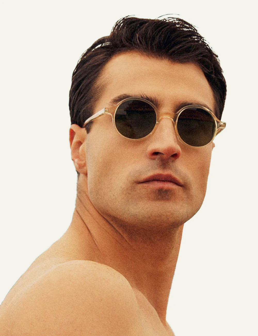 LGR Reunion sunglasses champagne frame green gradient lenses model view