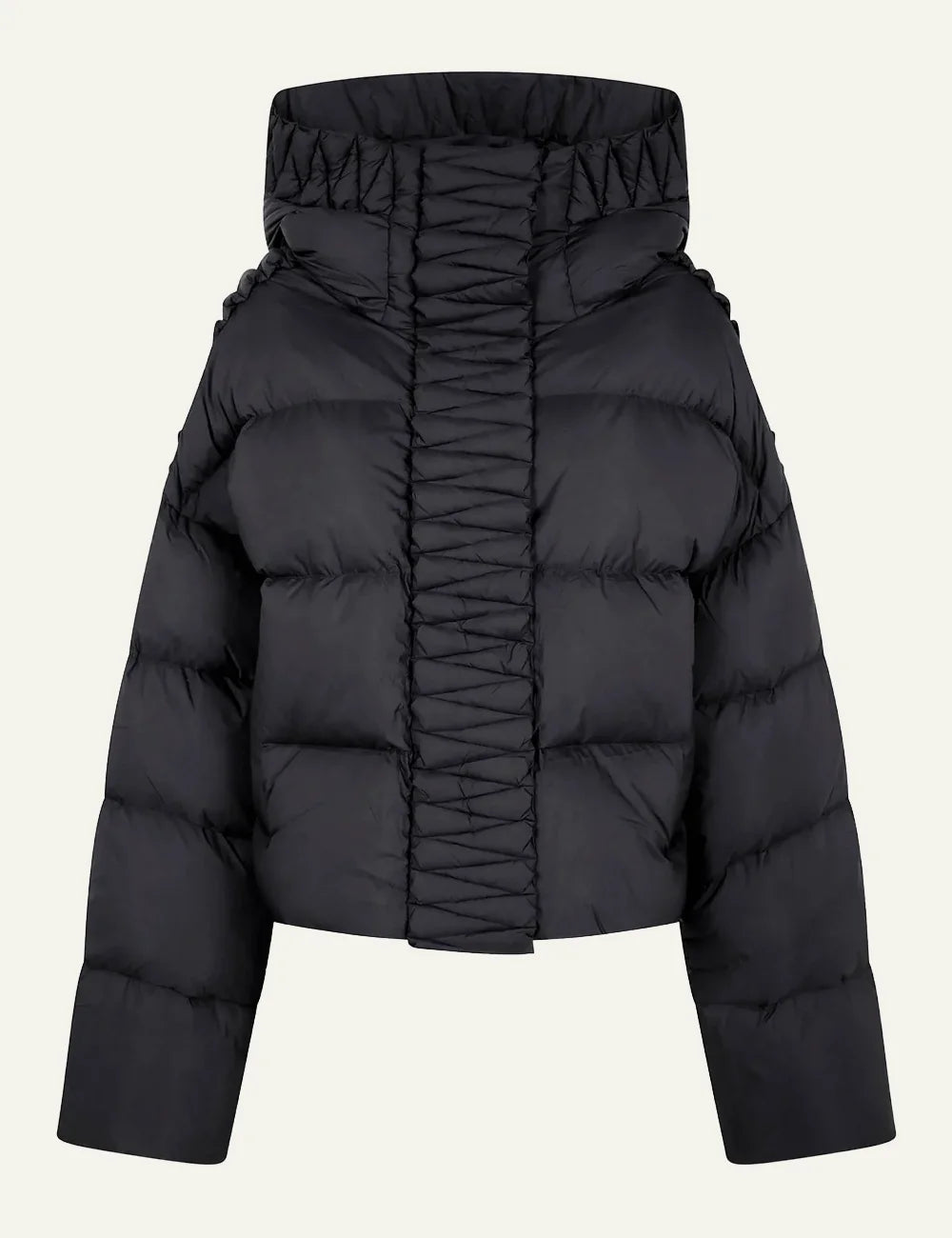 Studio image of Raxxy charcoal black puffer jacket με architectural gathered paneling και high collar.