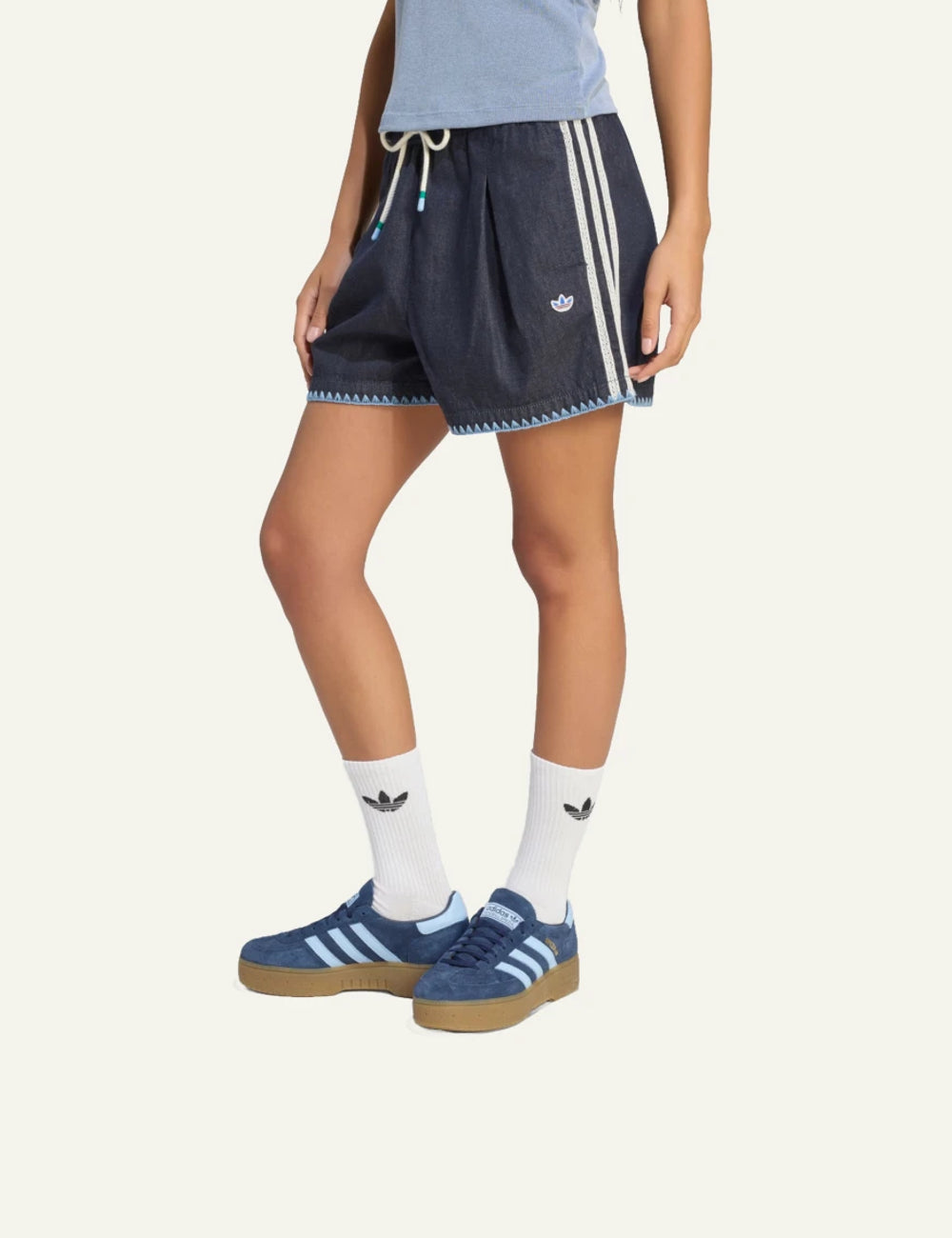 adidas indigo denim women’s shorts side view