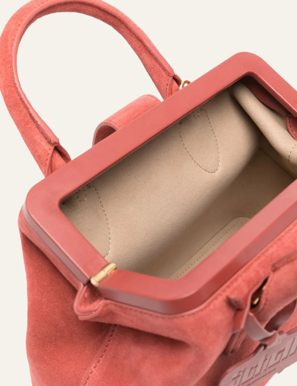 SCHELL red suede tote bag interior detail with clasp fastening