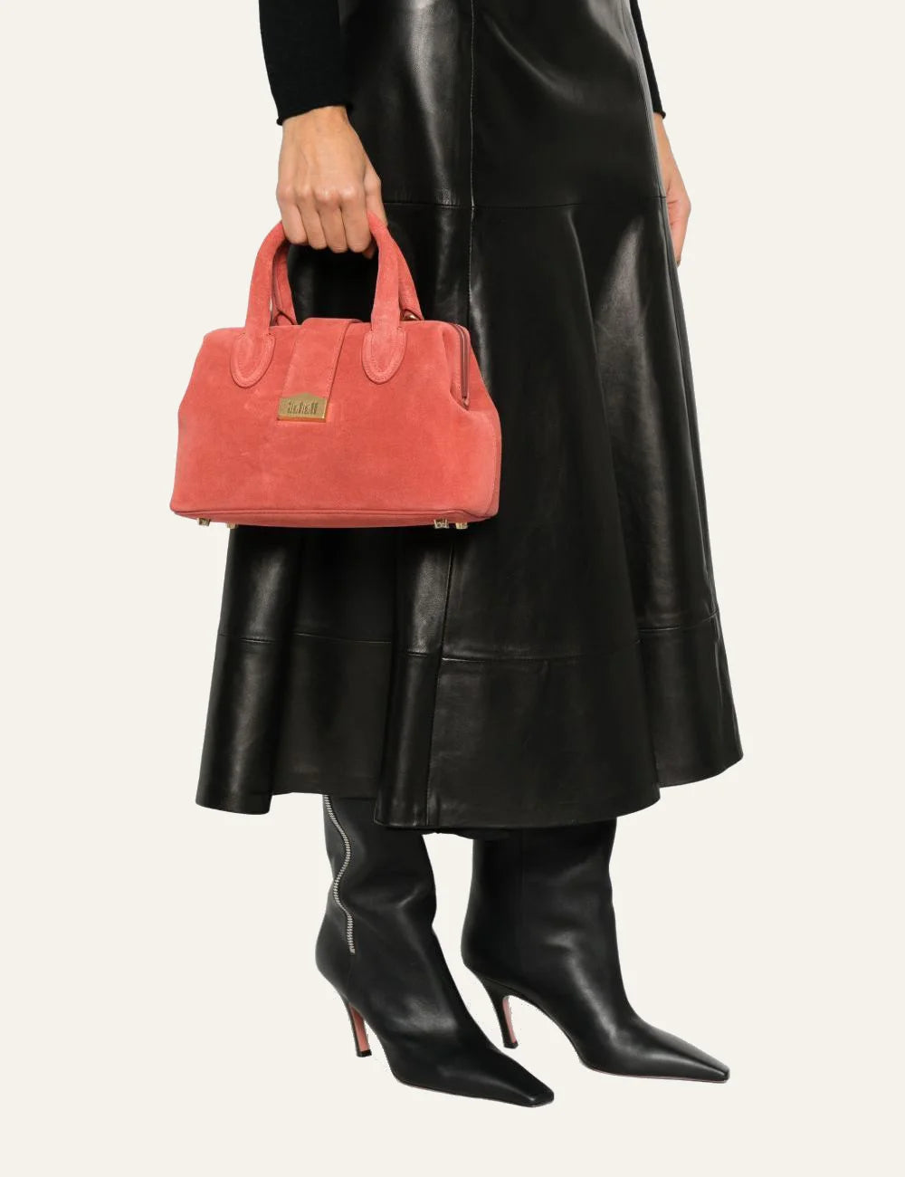 SCHELL red suede small tote bag worn on hand lifestyle shot γυναίκα