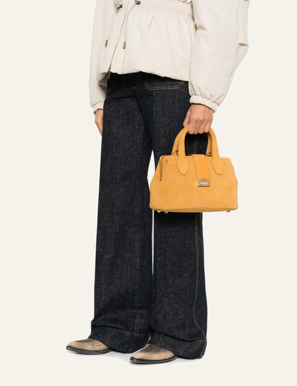 SCHELL yellow suede tote bag worn by a model