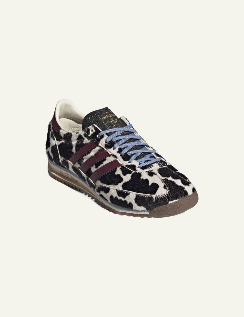 Adidas Originals SL 72 OG women's black and white cow print sneakers front angle view