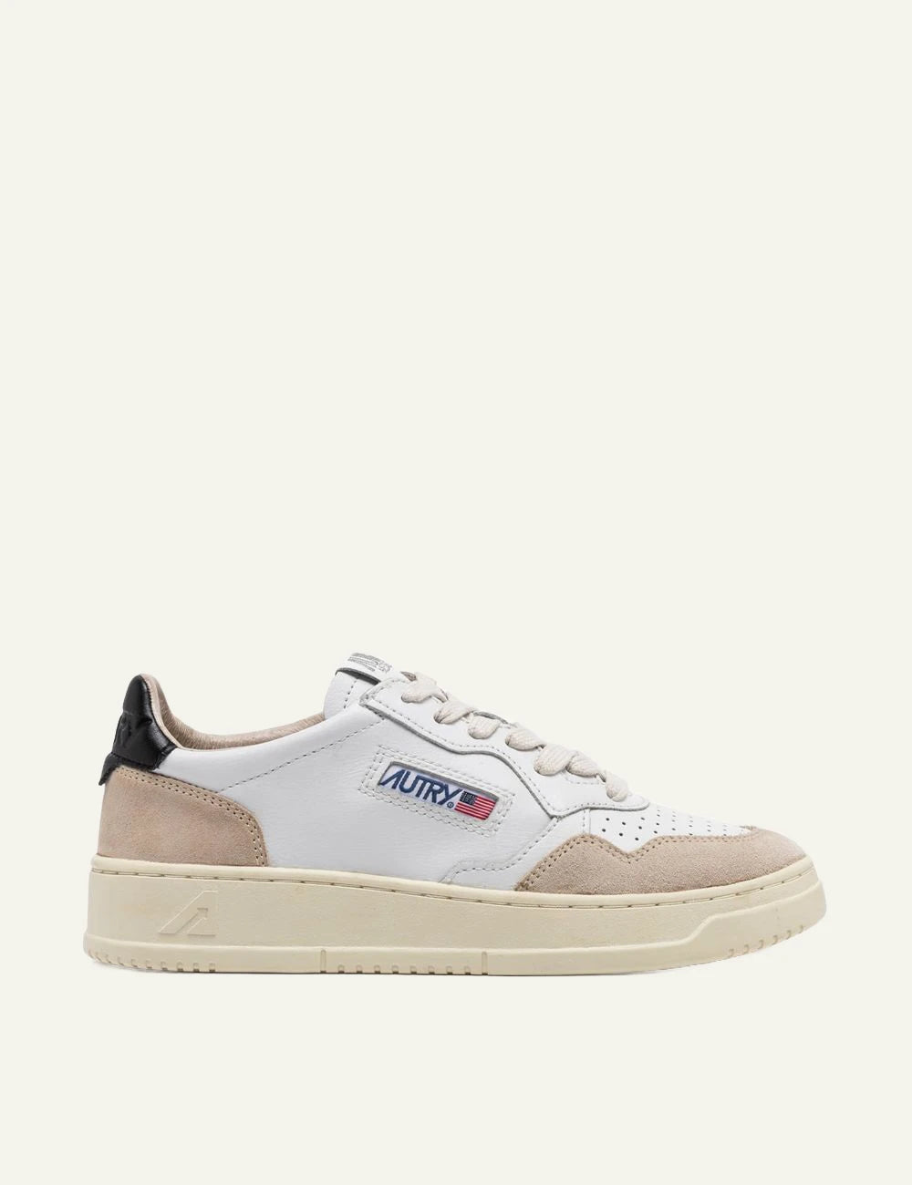 Men's Autry Medalist white leather sneakers with beige suede and black heel 