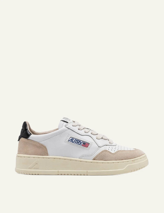 Men's Autry Medalist white leather sneakers with beige suede and black heel 