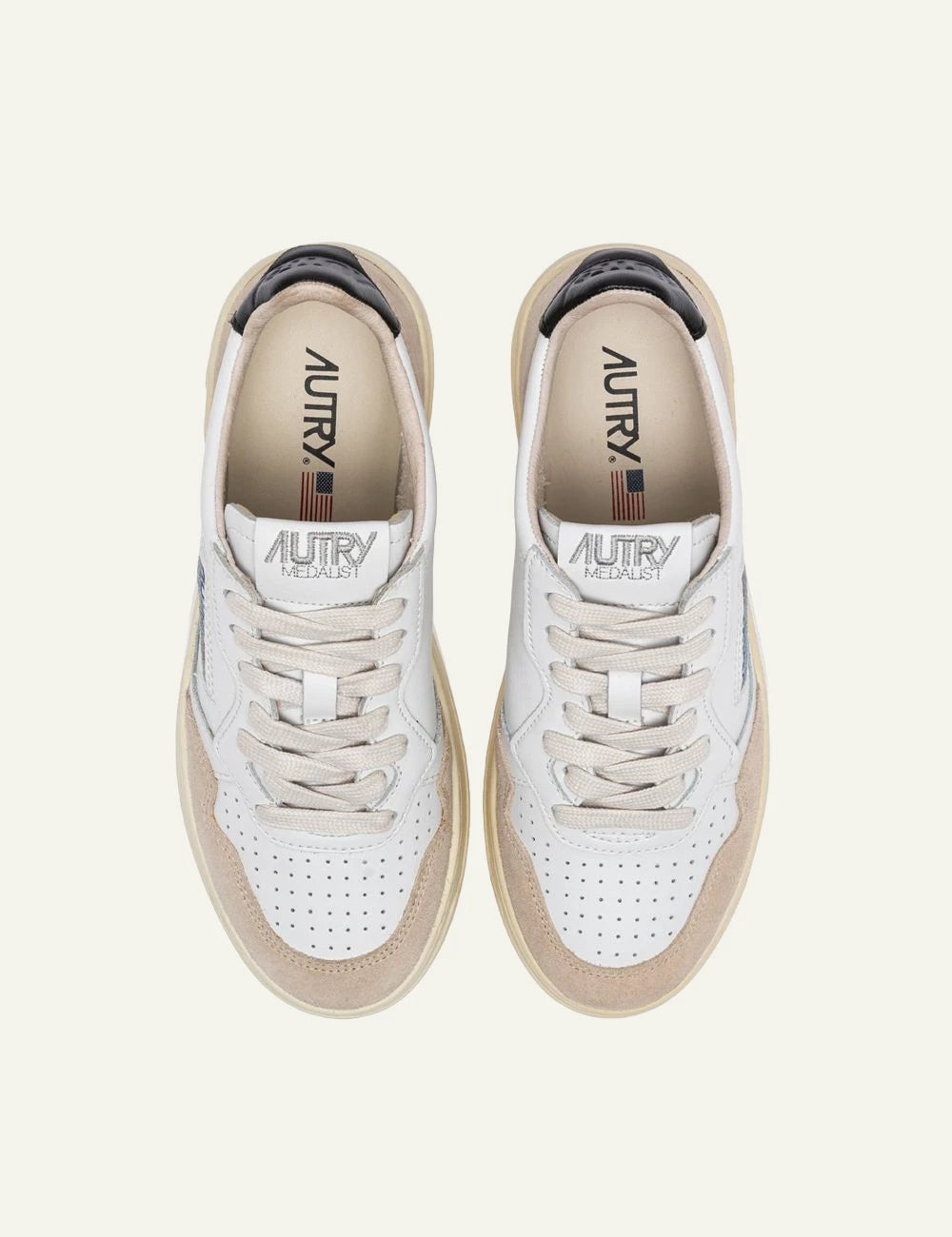 Men's Autry Medalist white leather sneakers with beige suede and black heel top