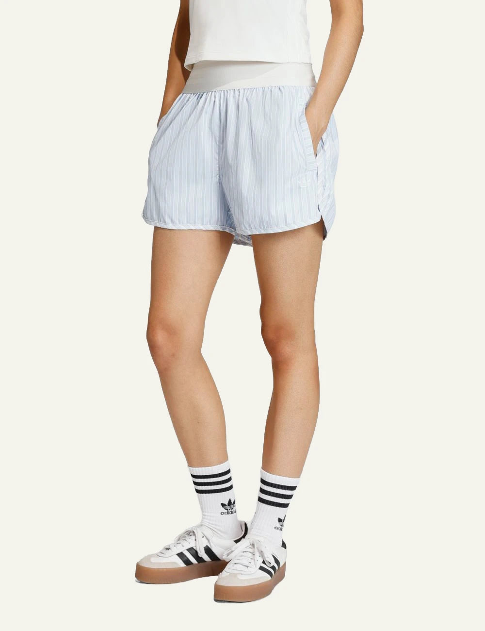 Adidas poplin shorts se crystal sky me light blue striped relaxed fit model view