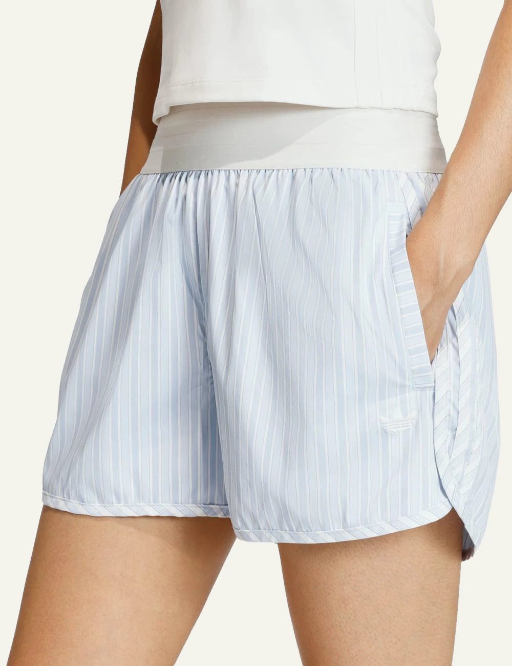 Adidas poplin shorts se crystal sky me light blue striped relaxed fit side view