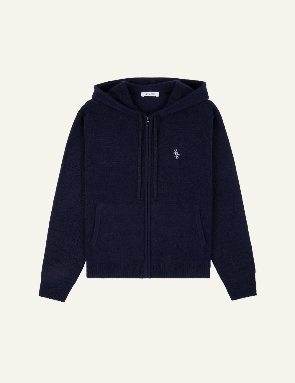 Sporty and Rich navy cashmere zip hoodie front view
