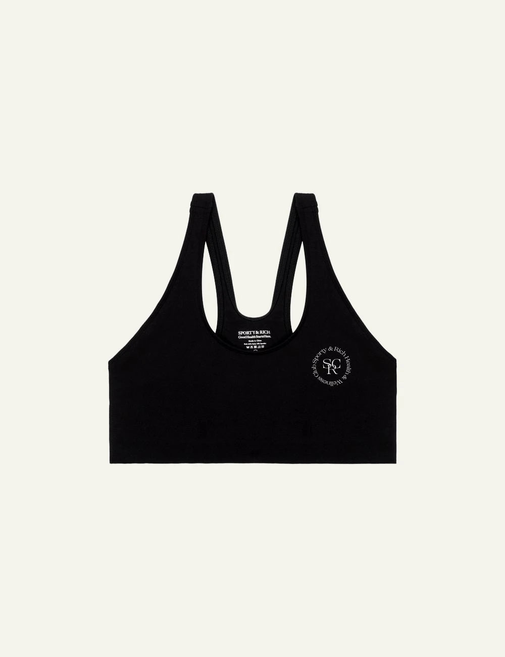 Sporty and Rich black sports bra logo front view