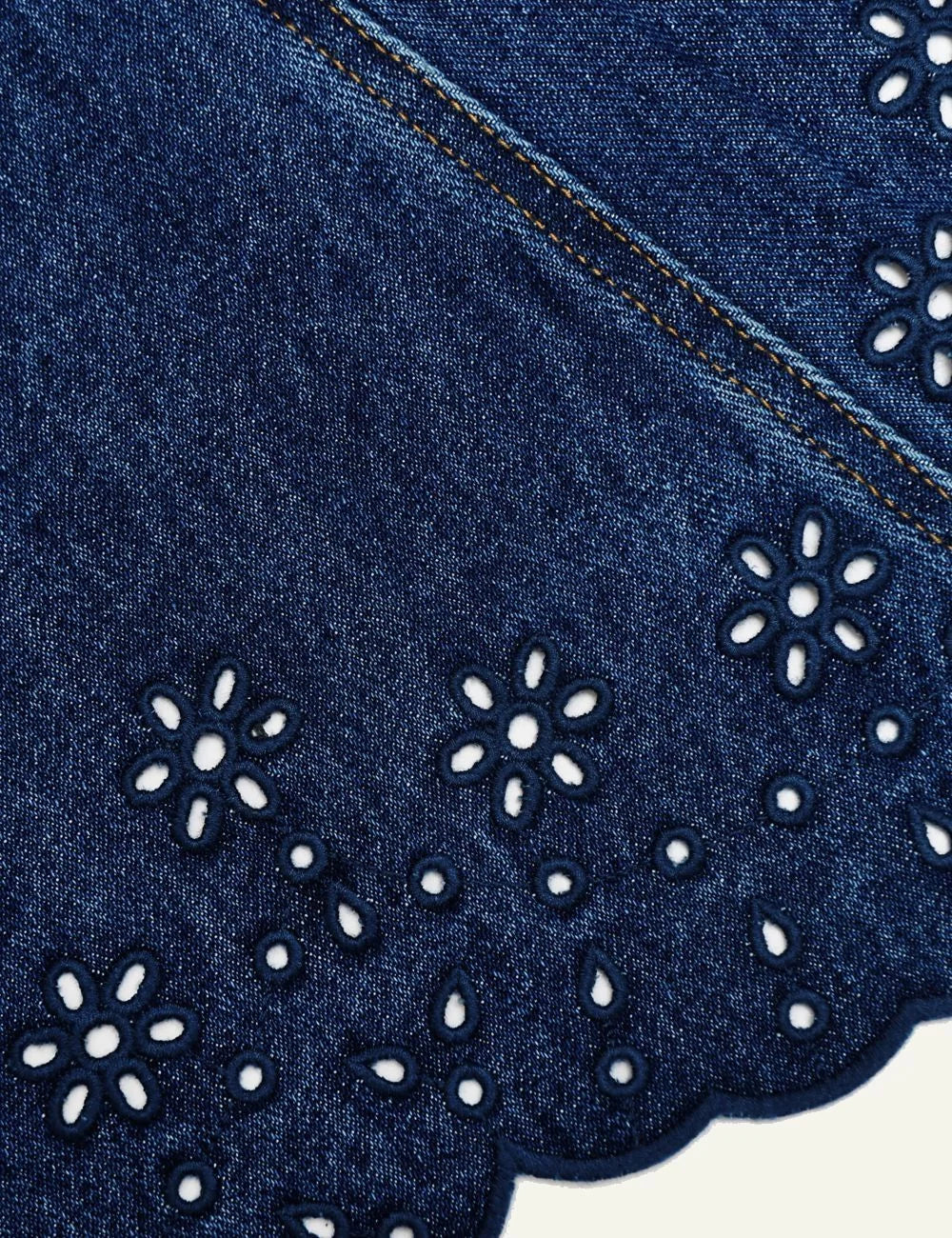 Self Portrait denim mini dress broderie anglaise skater hem front detail