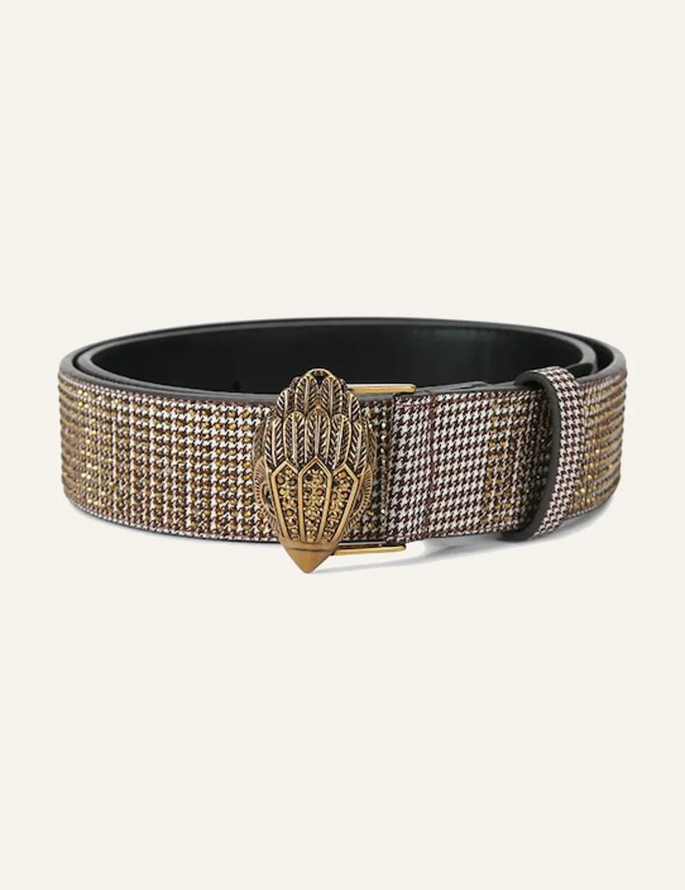 Kurt Geiger eagle buckle belt close up gold hardware
