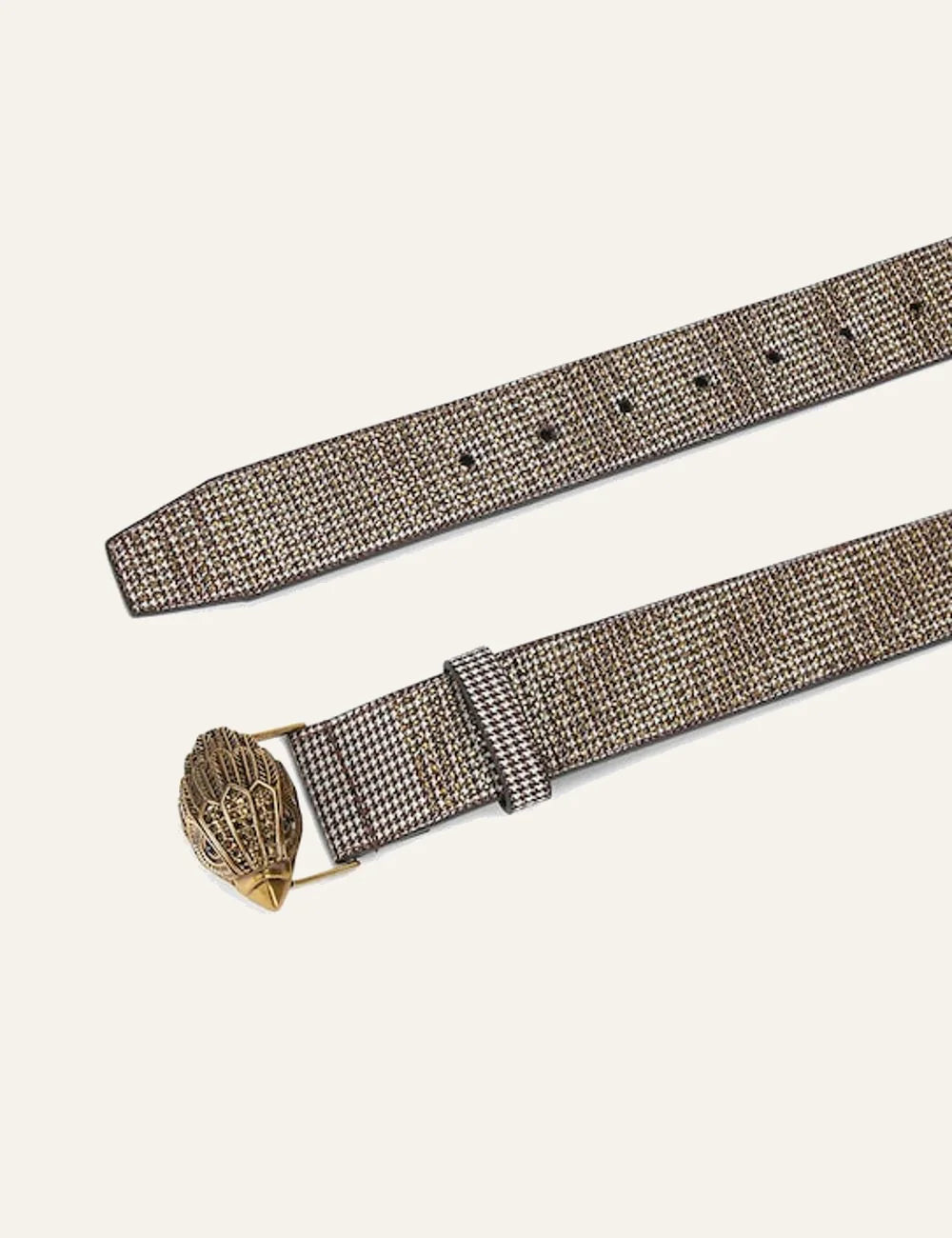 Kurt Geiger gold fabric belt with eagle buckle front view