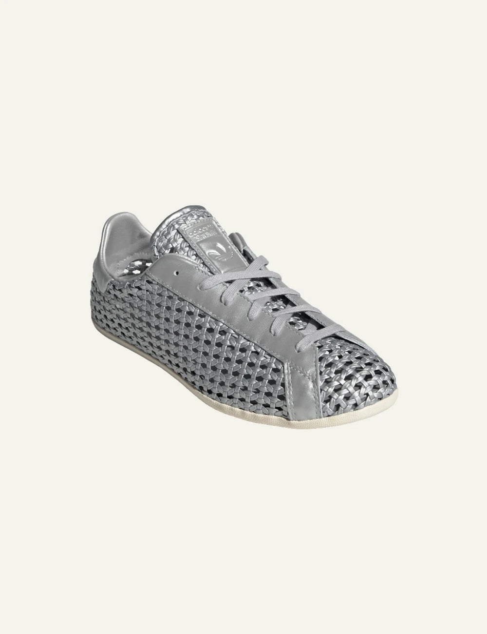 Adidas Stan Smith woven sneaker se silver metallic me braided leather angled view