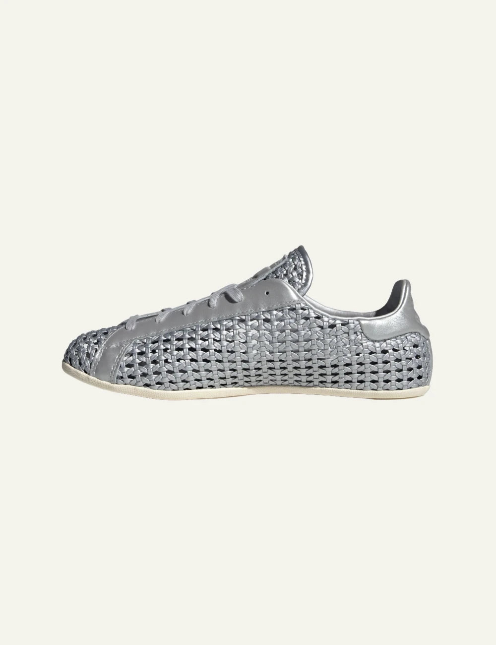 Adidas Stan Smith woven sneaker se silver metallic me braided leather profile view
