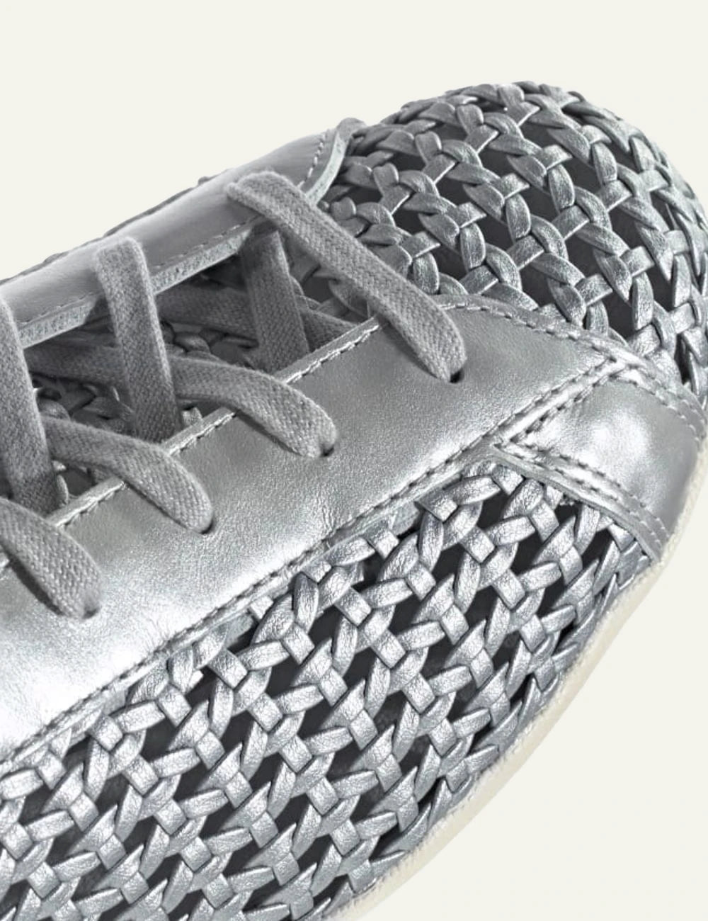 Adidas Stan Smith woven sneaker se silver metallic me braided leather angled detail view