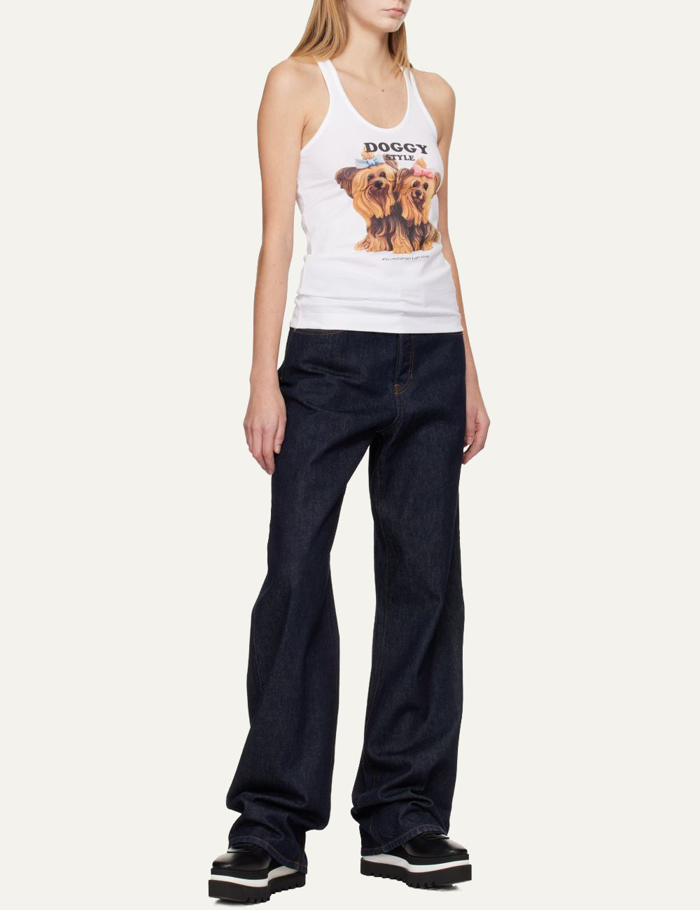 Stella McCartney Doggy Style tank top worn on model casual look