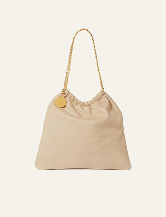 Stella McCartney Falabella drawstring tote buttercream vegan bag gold chain front view