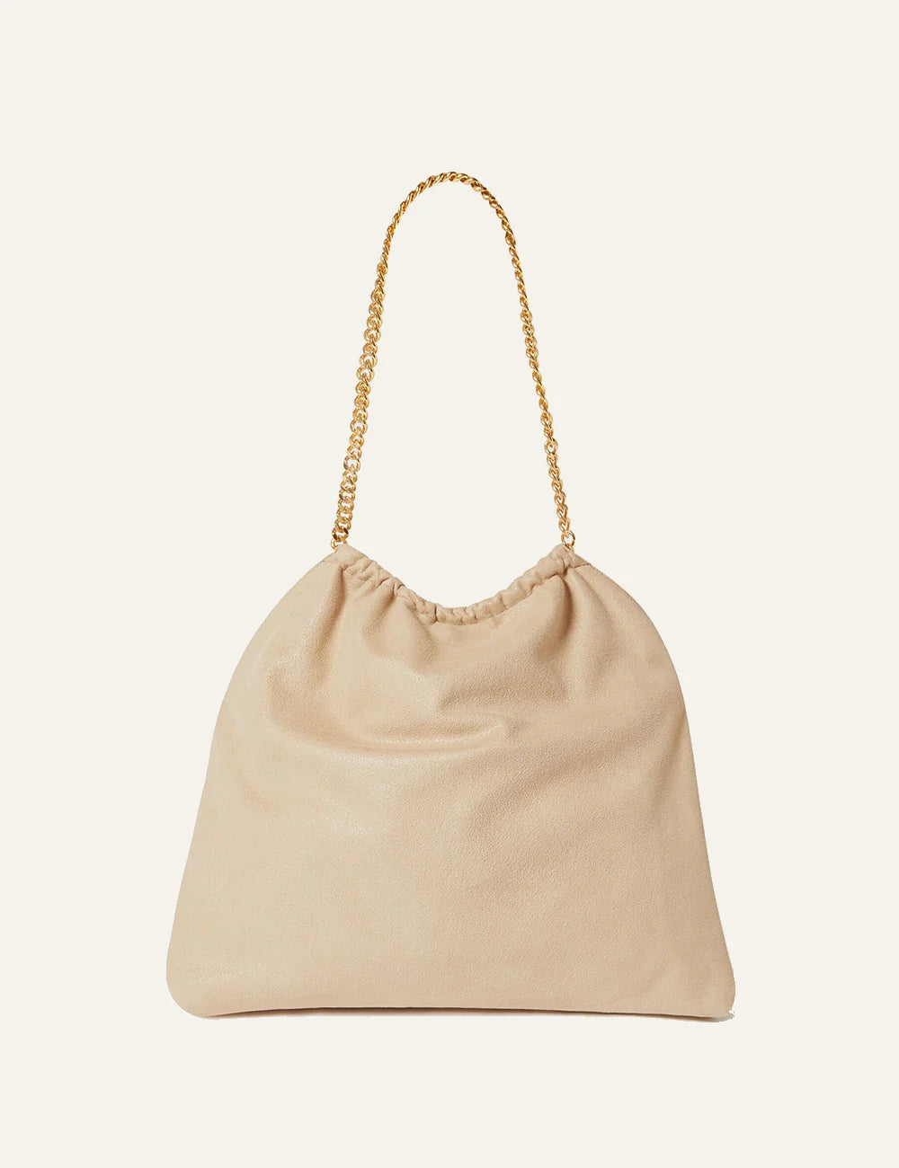 Stella McCartney Falabella drawstring tote buttercream vegan bag gold logo charm detail back view
