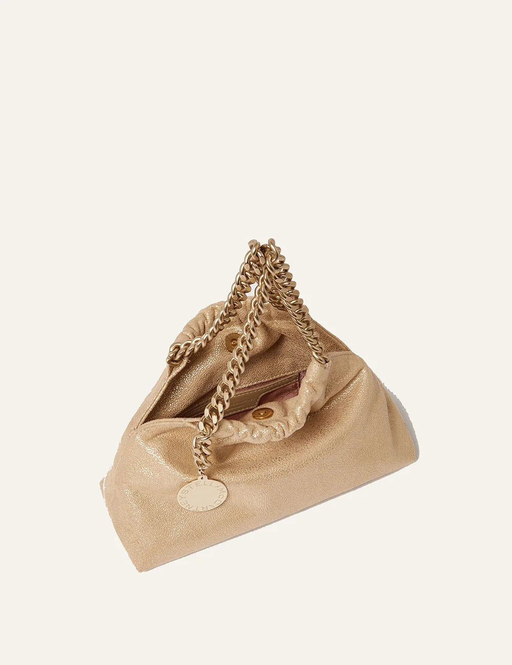 Interior view Stella McCartney Falabella drawstring tote gold with zip pocket