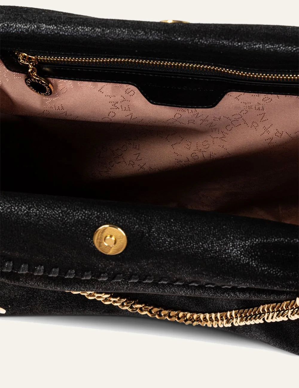 Stella McCartney Falabella bag interior view με monogram lining και zip pocket