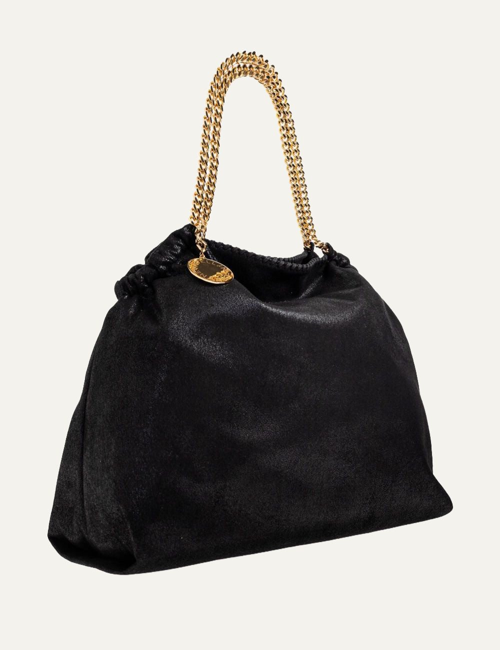Stella McCartney Falabella medium drawstring bag side angle black vegan suede look