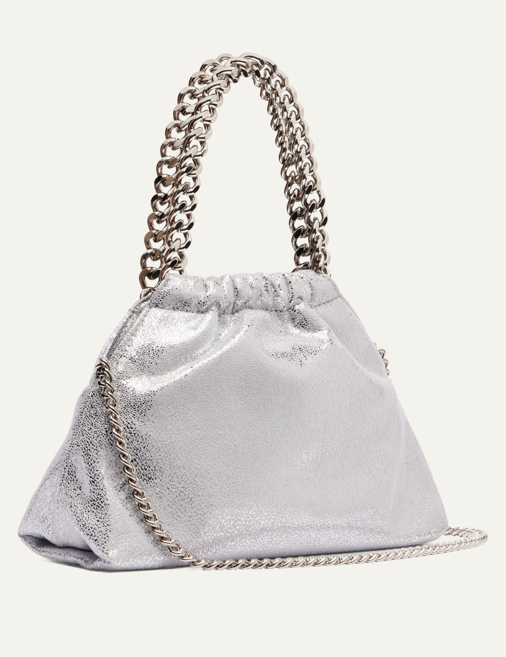 Stella McCartney Falabella small tote bag side view silver metallic with chain strap