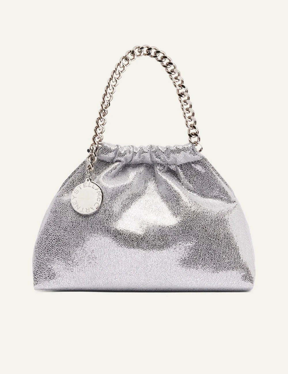 Stella McCartney Falabella small tote bag front view silver metallic with logo medallion