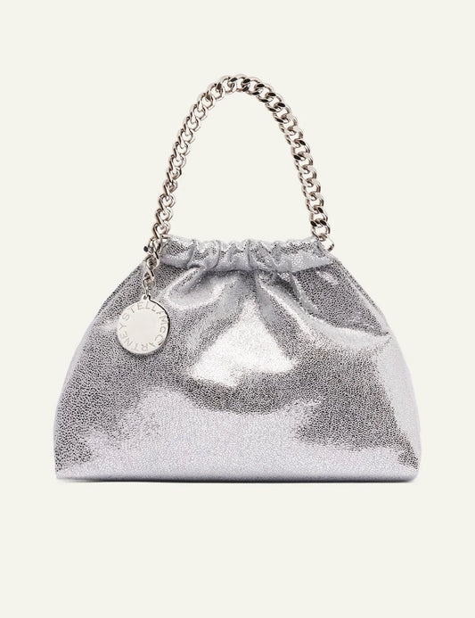 Stella McCartney Falabella small tote bag front view silver metallic with logo medallion
