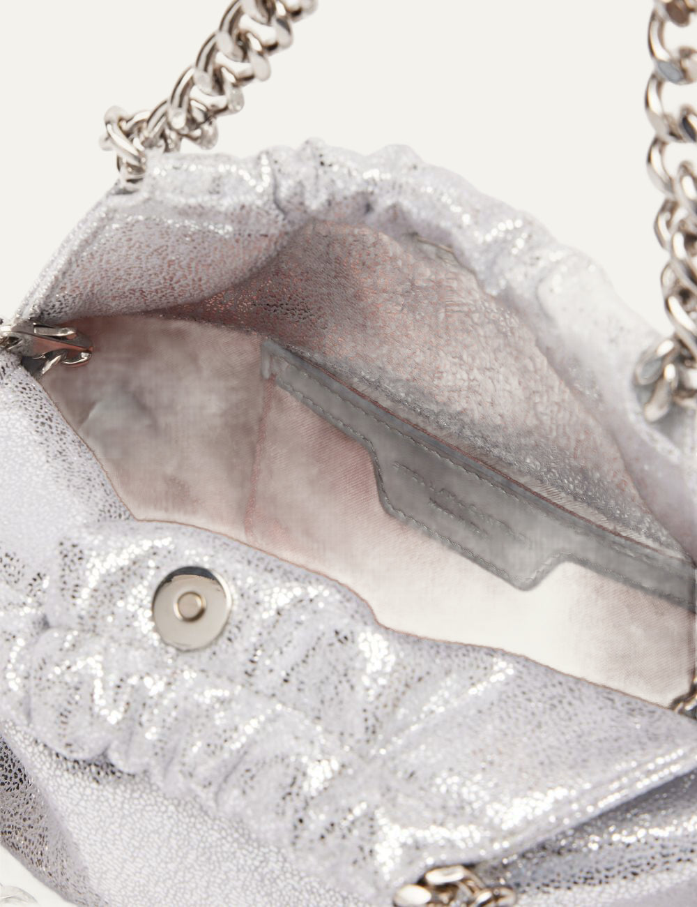 Stella McCartney Falabella small tote interior view silver fabric lining