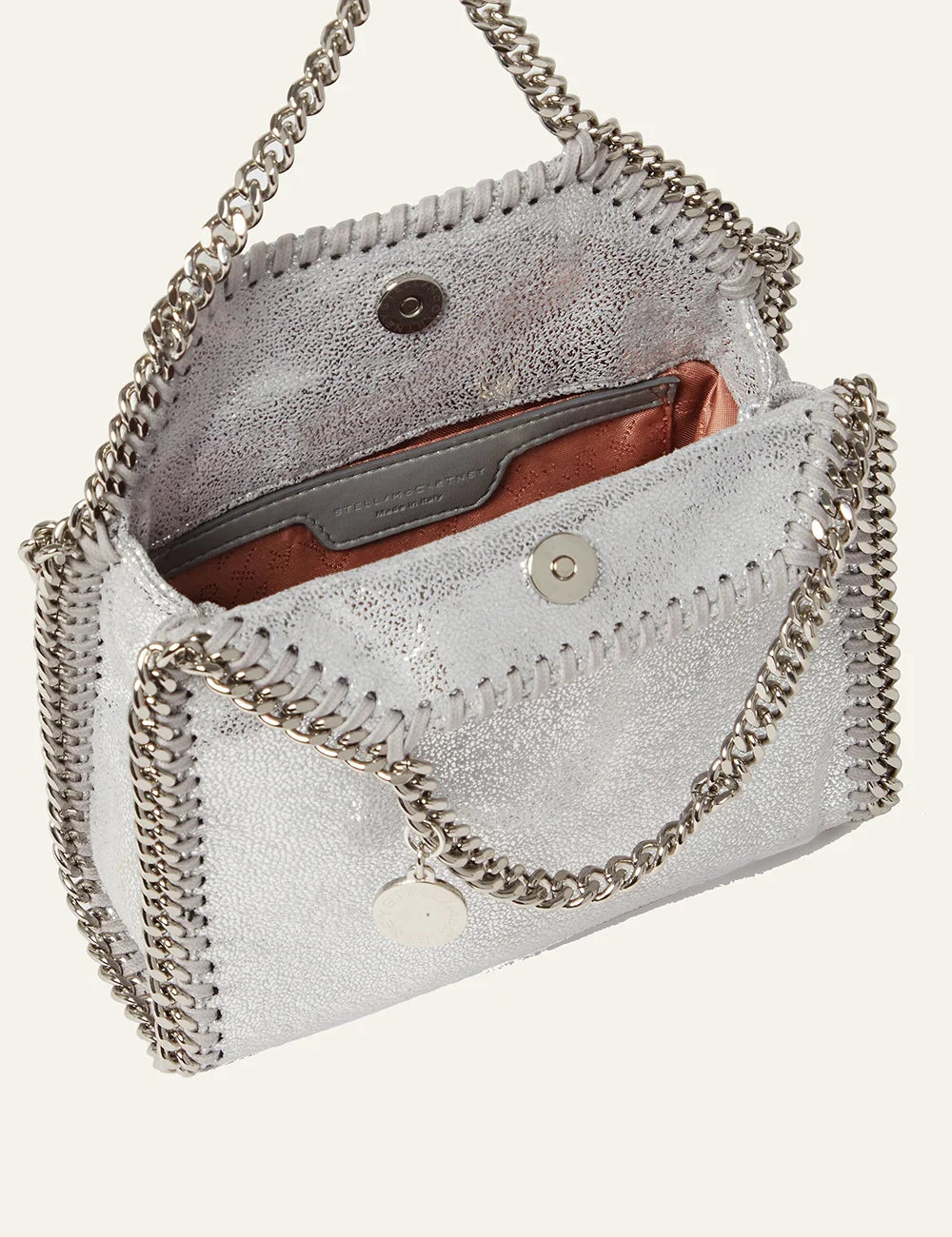 Stella McCartney Falabella Tiny silver tote interior με chain handle και slip pocket