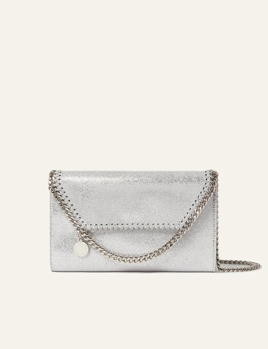 Γυναικεία Stella McCartney Falabella wallet crossbody silver vegan shaggy deer front view